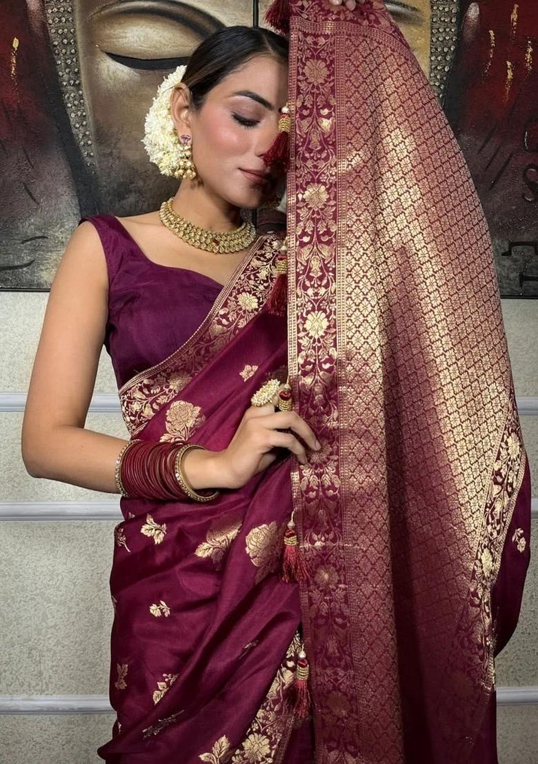 Wine Embroidered Silk Saree Set - Indya
