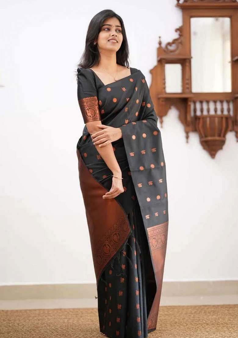 Black Embroidered Silk Blend Saree Set for Diwali and Festive Wear - Indya