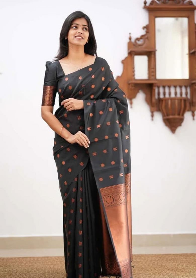 Black Embroidered Silk Saree Set - Indya
