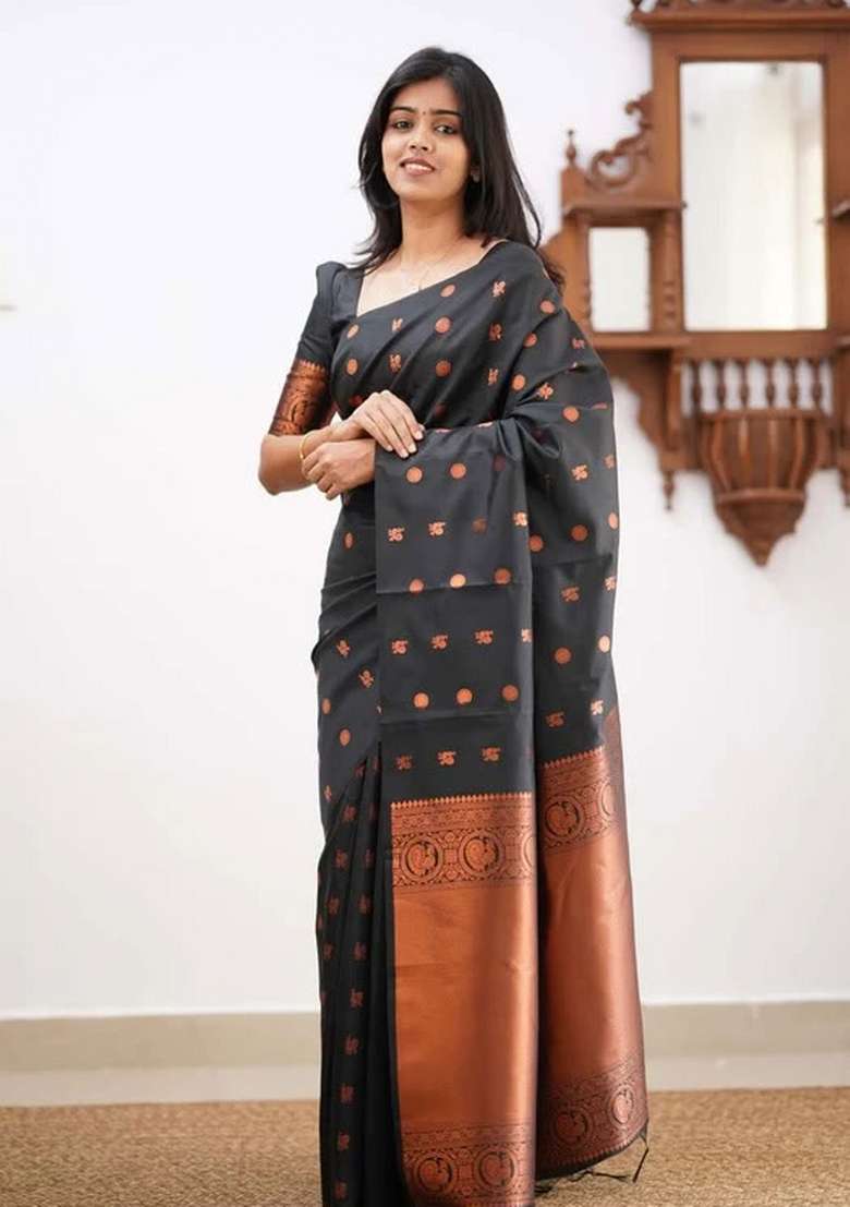 Black Embroidered Silk Blend Saree Set for Diwali and Festive Wear - Indya