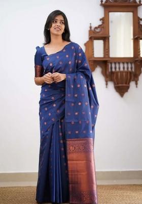 Blue Embroidered Silk Saree Set