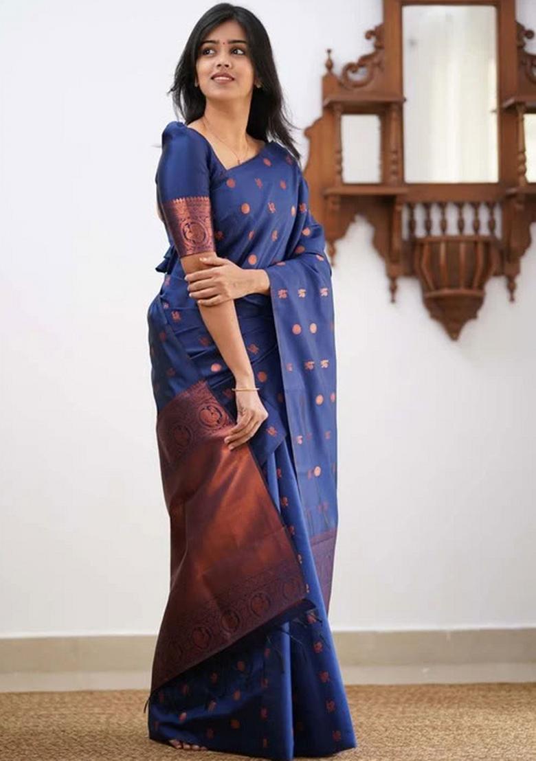 Blue Embroidered Silk Saree Set - Indya