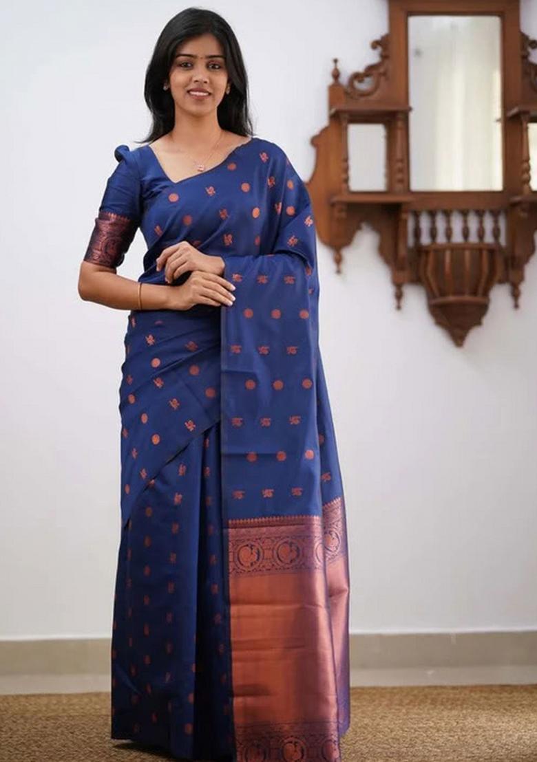 Blue Embroidered Silk Saree Set - Indya
