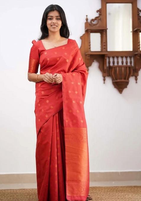 Red Embroidered Silk Saree Set