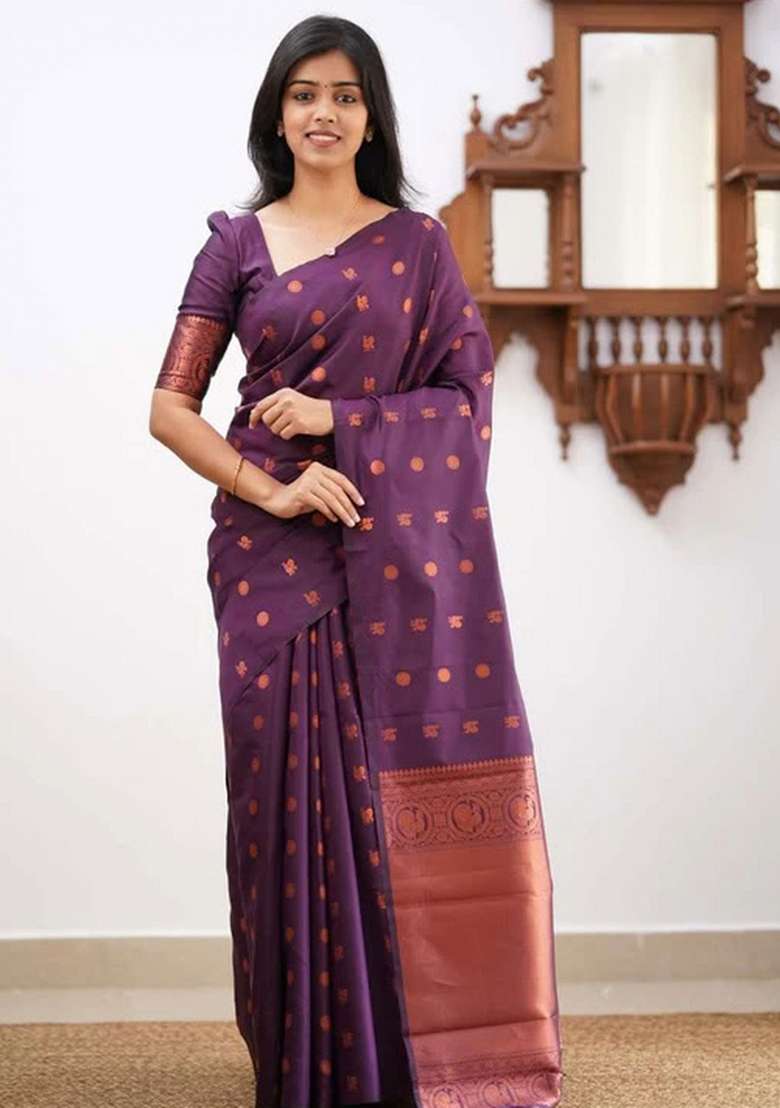 Wine Embroidered Silk Blend Saree Set for Diwali and Festive Wear - Indya