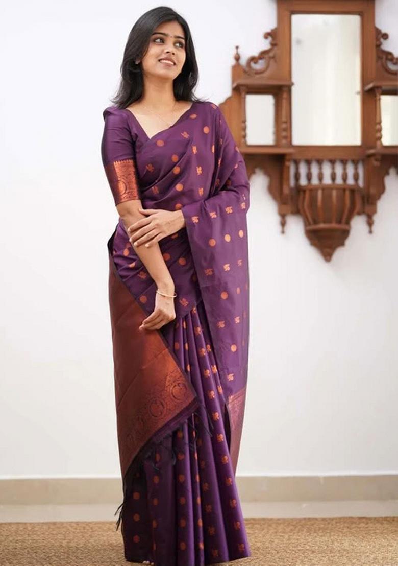 Wine Embroidered Silk Saree Set - Indya