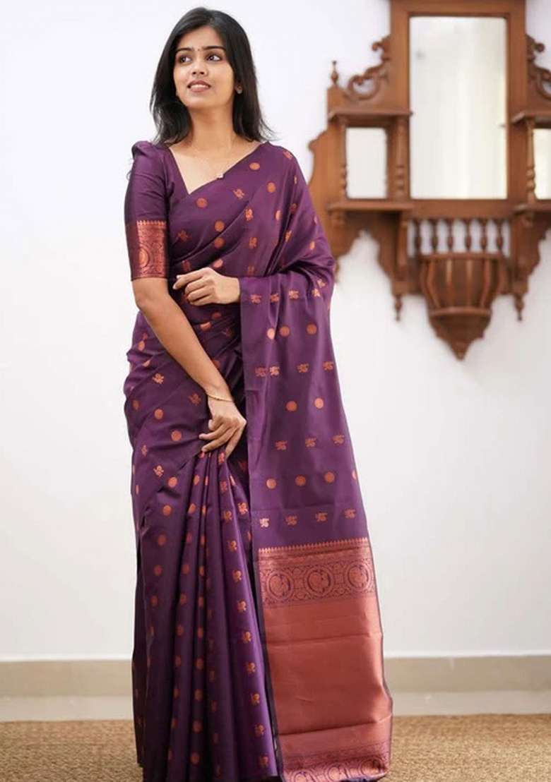 Wine Embroidered Silk Blend Saree Set for Diwali and Festive Wear - Indya