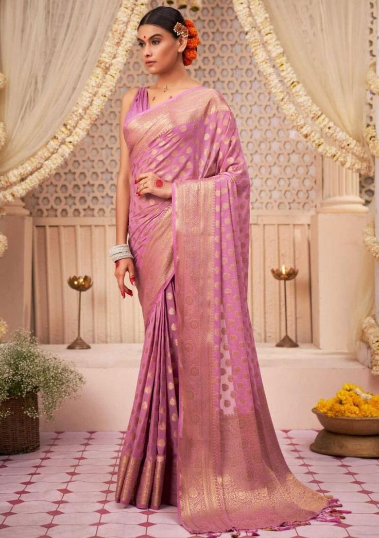 Pink Embroidered Silk Saree Set - Indya