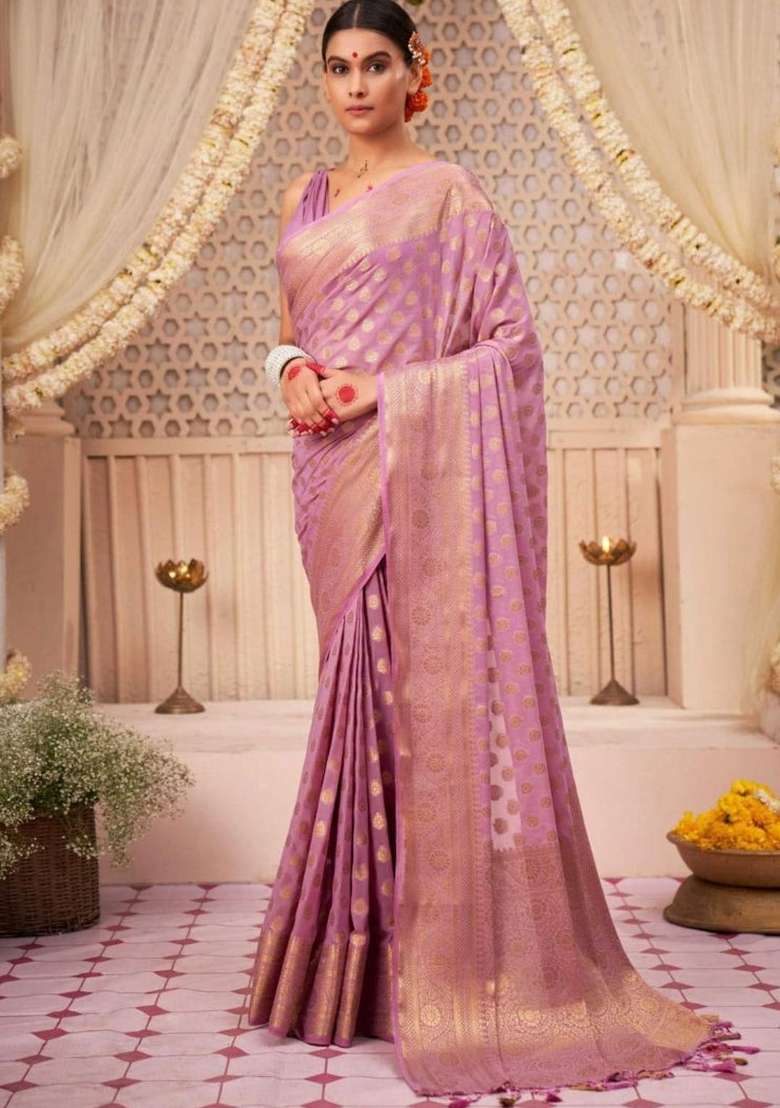 Pink Silk Blend Saree Set with Embroidered for Diwali | Wedding & Festive Wear - Indya