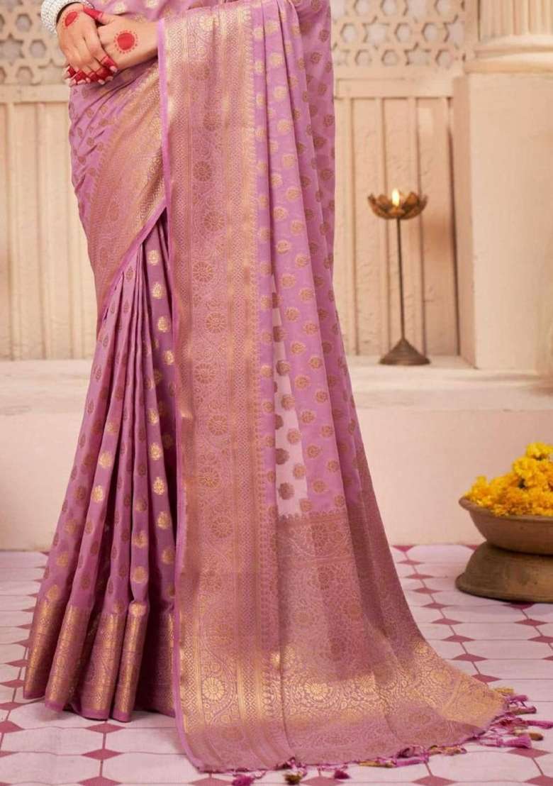 Pink Silk Blend Saree Set with Embroidered for Diwali | Wedding & Festive Wear - Indya