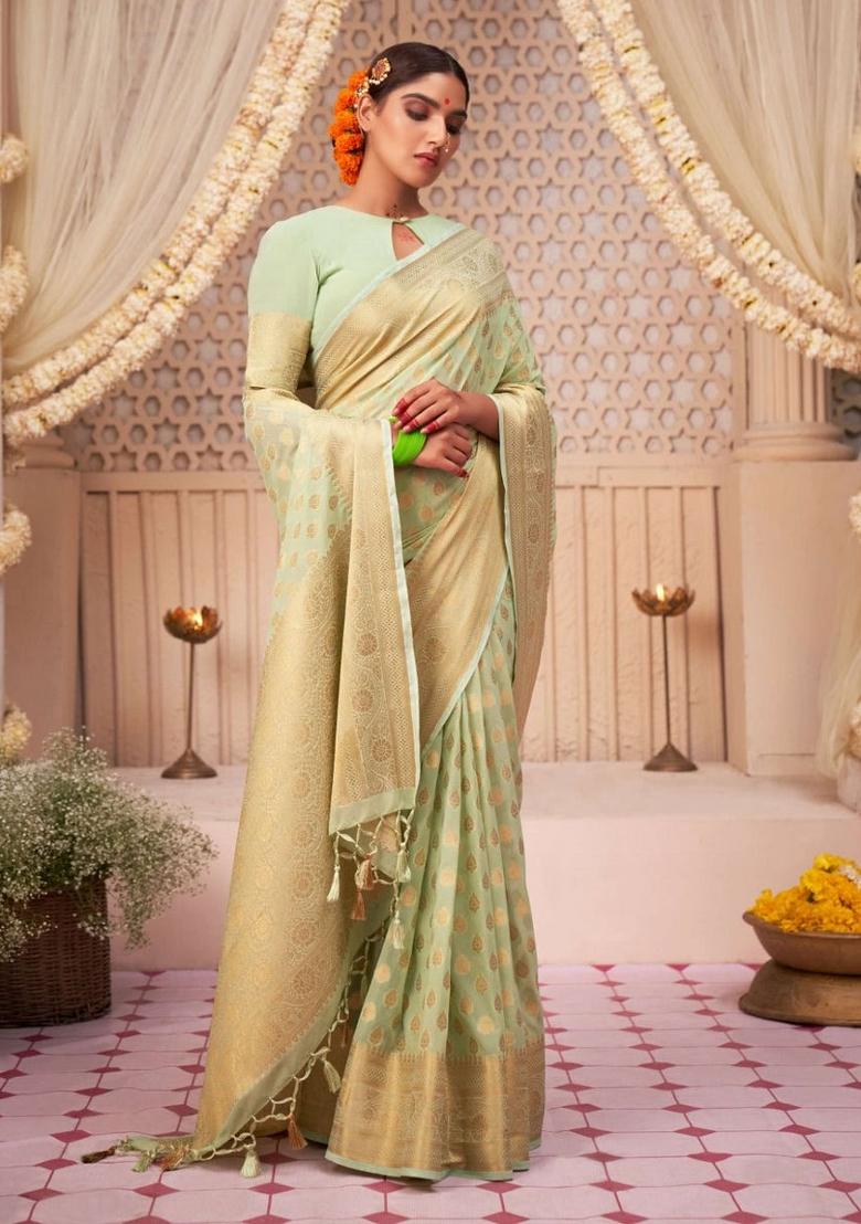 Light Green Embroidered Silk Saree Set - Indya