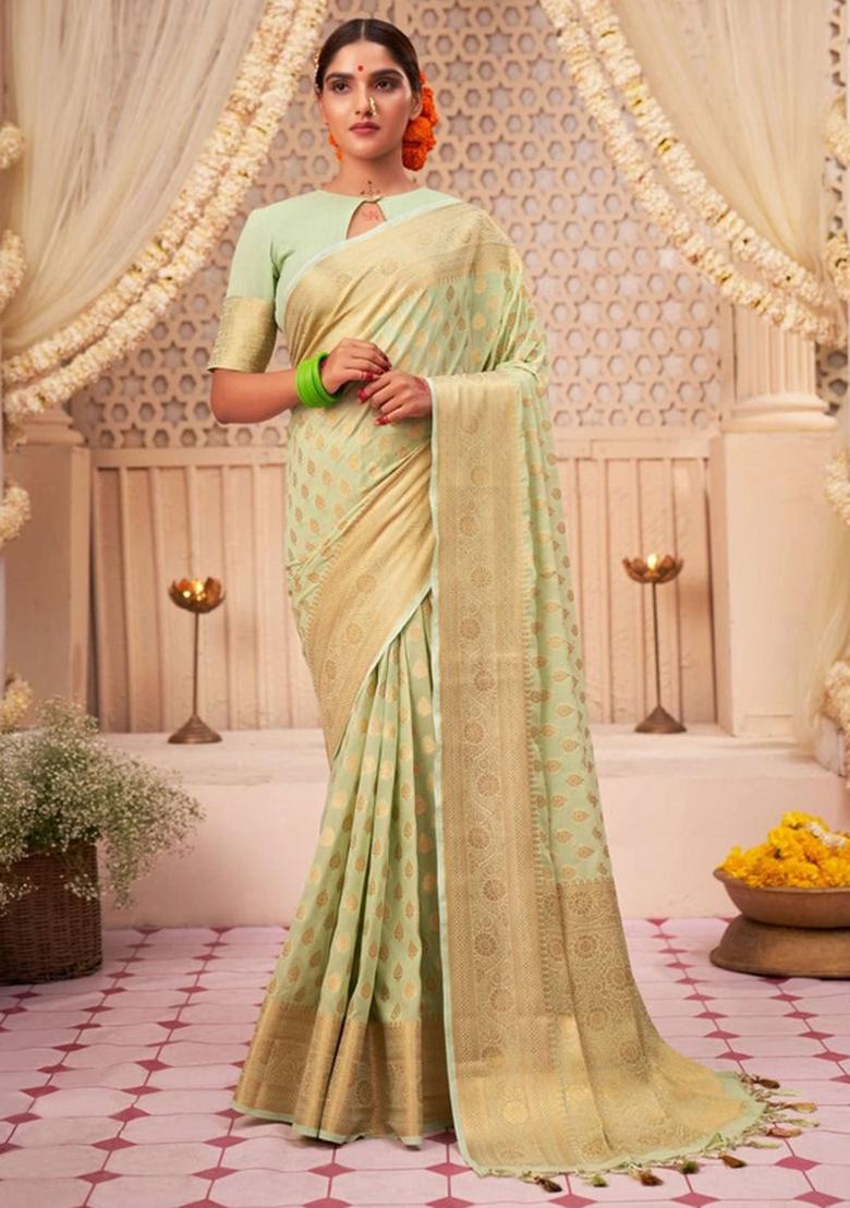 Light Green Embroidered Silk Saree Set - Indya