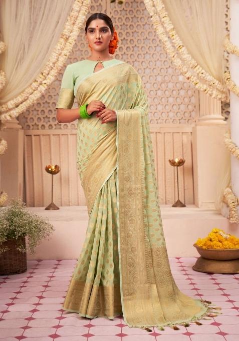 Light Green Embroidered Silk Saree Set