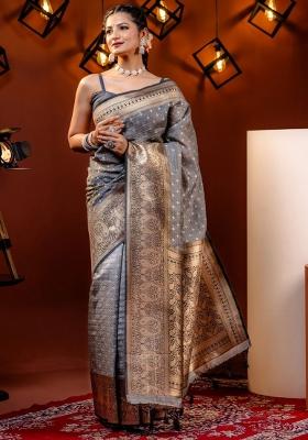 Grey Embroidered Silk Saree Set