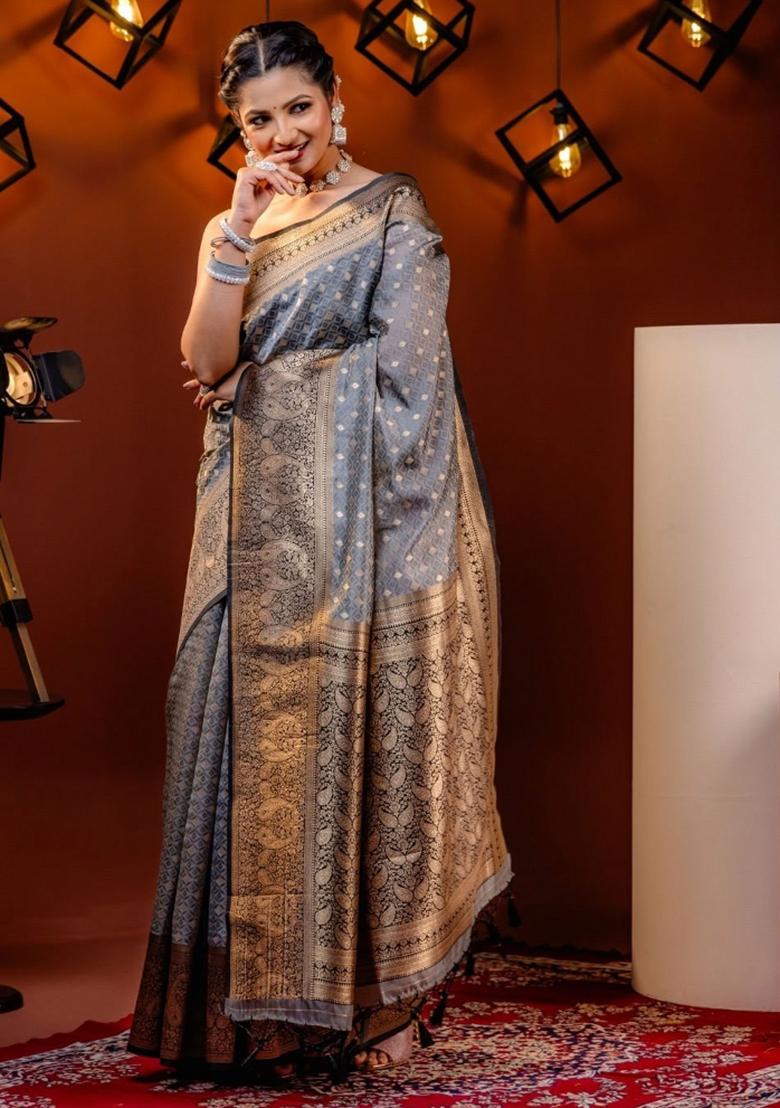 Grey Embroidered Silk Saree Set - Indya