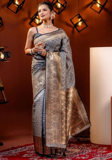 Grey Embroidered Silk Saree Set