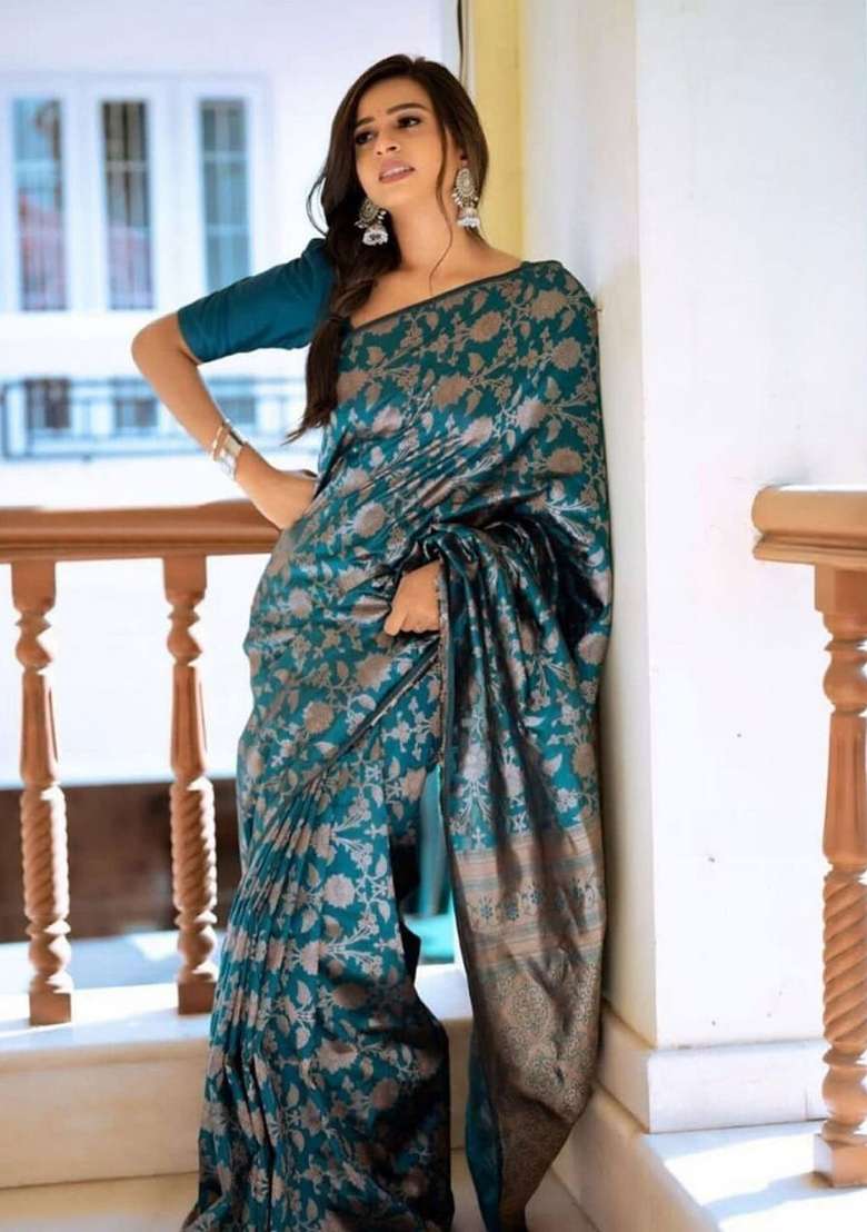 Teal Blue Embroidered Silk Saree Set - Indya