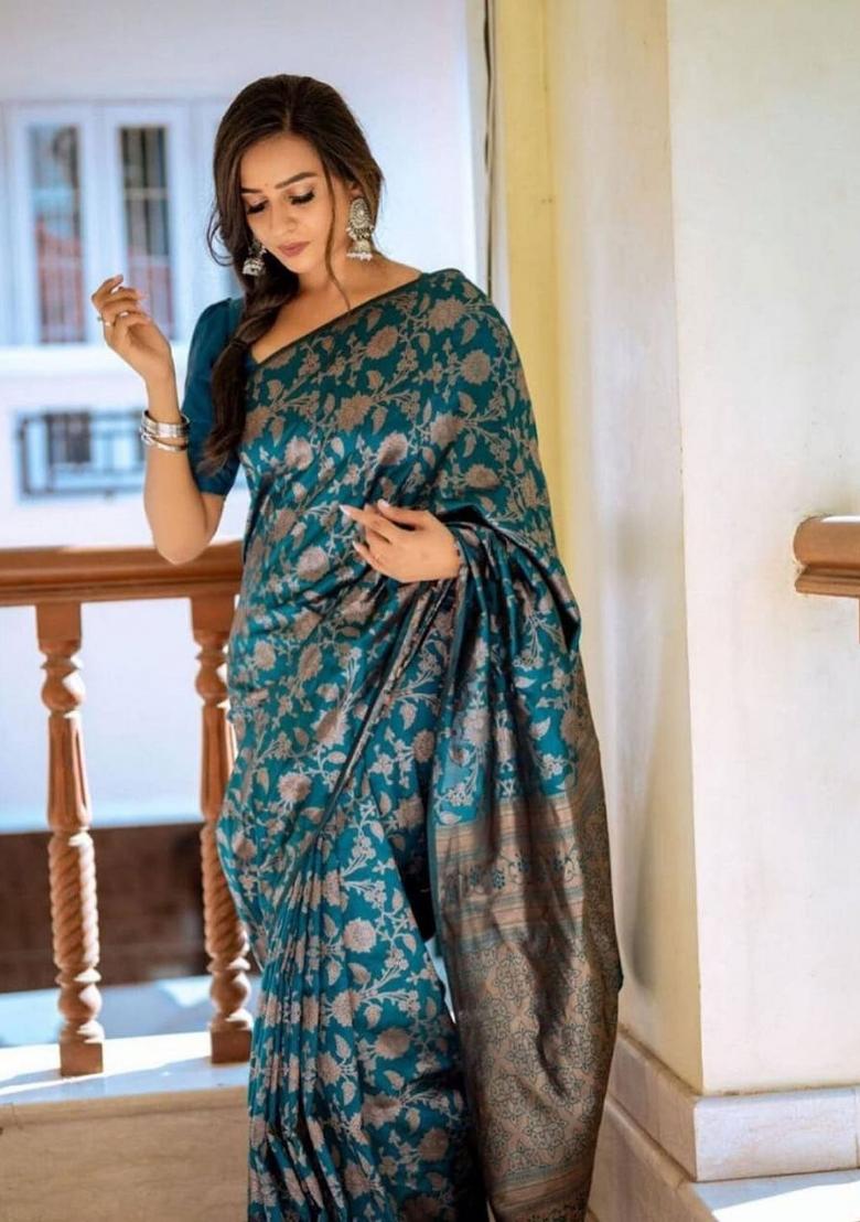Teal Blue Embroidered Silk Saree Set - Indya