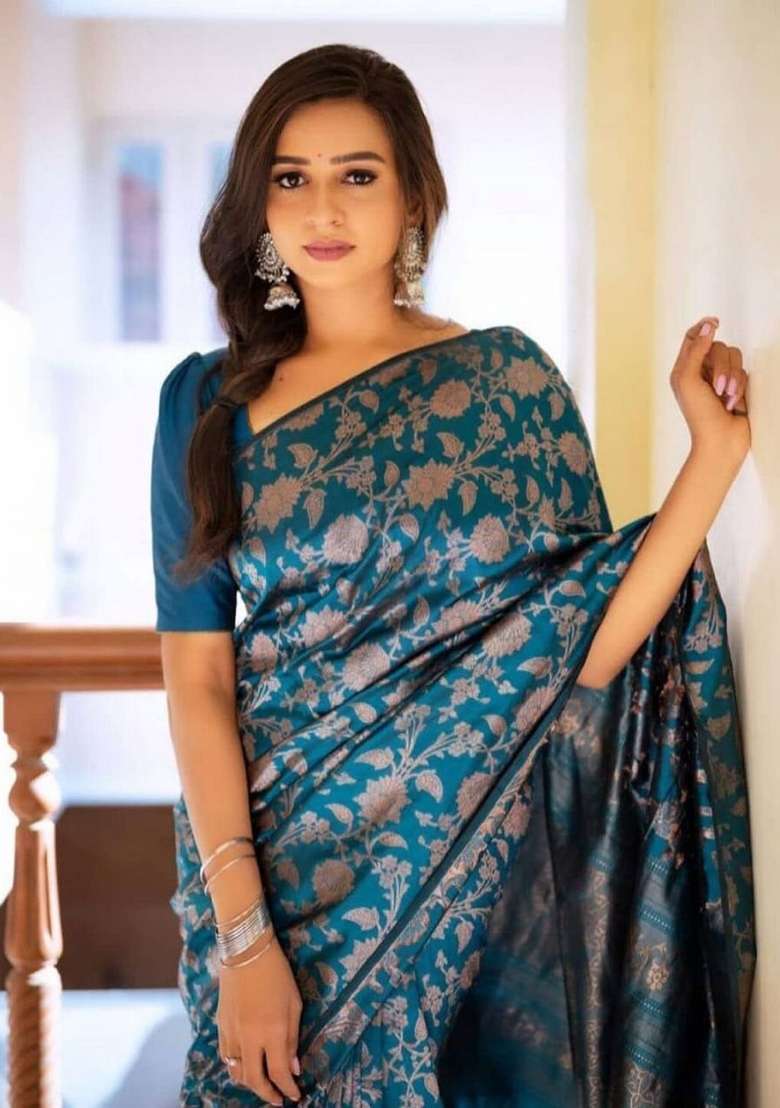 Teal Blue Embroidered Silk Saree Set - Indya