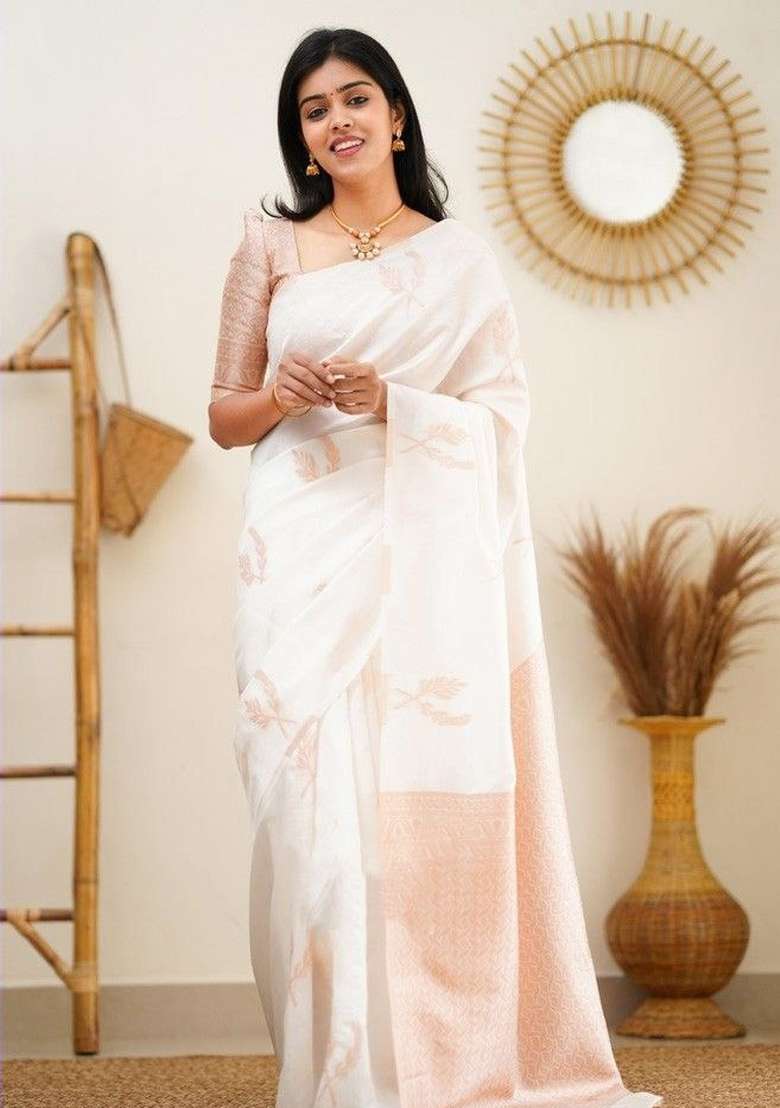 White Silk Blend Saree Set with Embroidered for Diwali | Wedding & Festive Wear - Indya