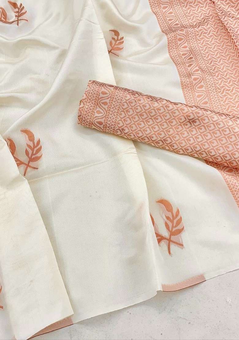 White Silk Blend Saree Set with Embroidered for Diwali | Wedding & Festive Wear - Indya