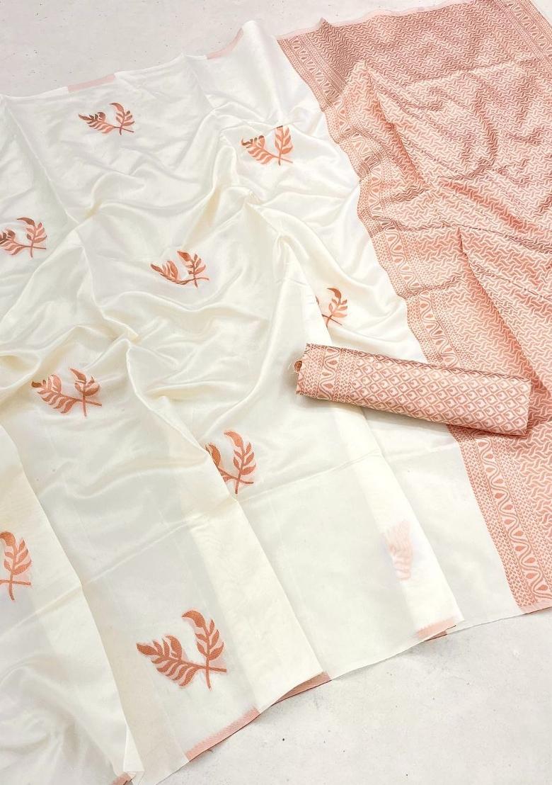 White Embroidered Silk Saree Set - Indya