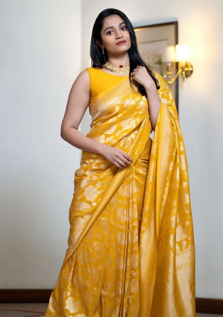 Mustard Silk Blend Saree Set with Embroidered for Diwali | Wedding & Festive Wear - Indya