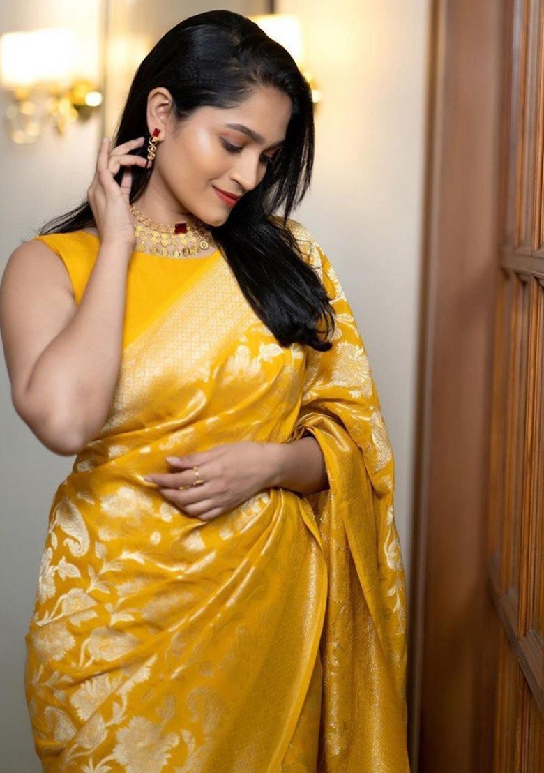 Mustard Embroidered Silk Saree Set - Indya