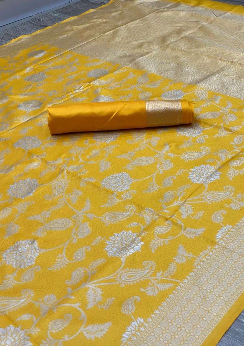 Mustard Silk Blend Saree Set with Embroidered for Diwali | Wedding & Festive Wear - Indya