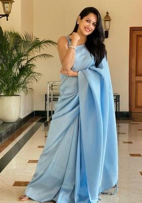 Sky Blue Embroidered Silk Saree Set