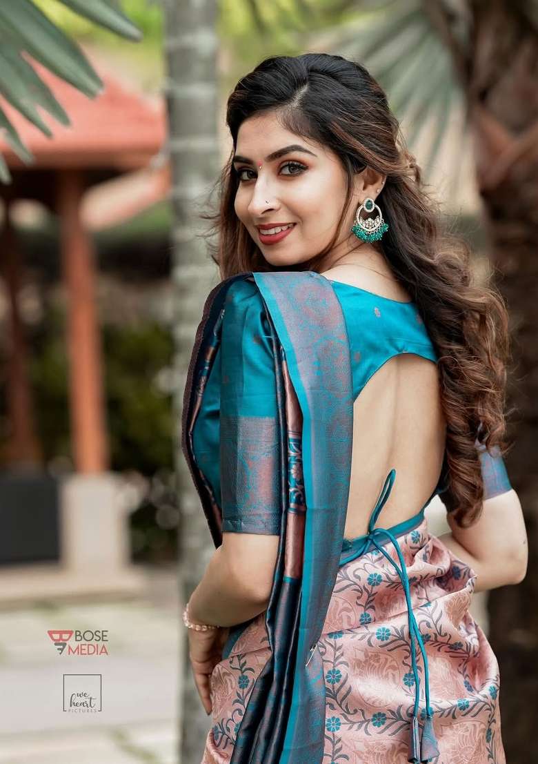 Peach Embroidered Silk Blend Saree Set for Diwali and Festive Wear - Indya