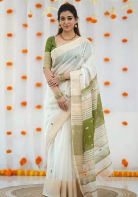 White Embroidered Linen Saree Set
