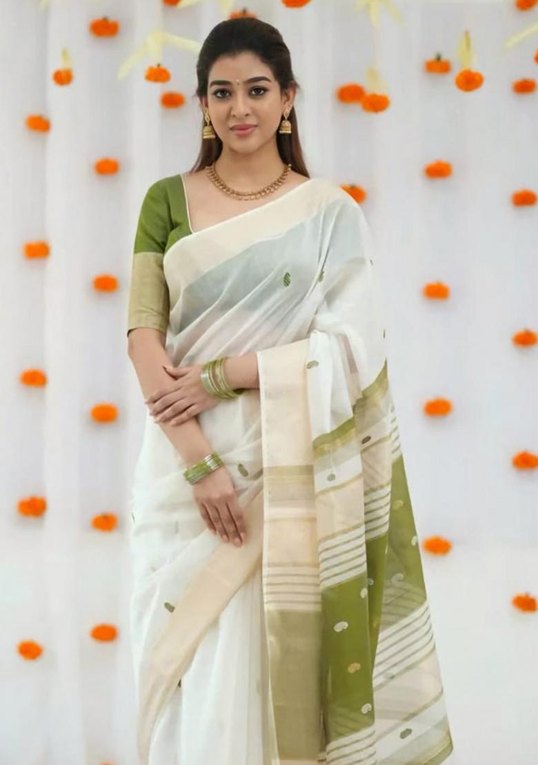 White Embroidered Linen Saree Set - Indya
