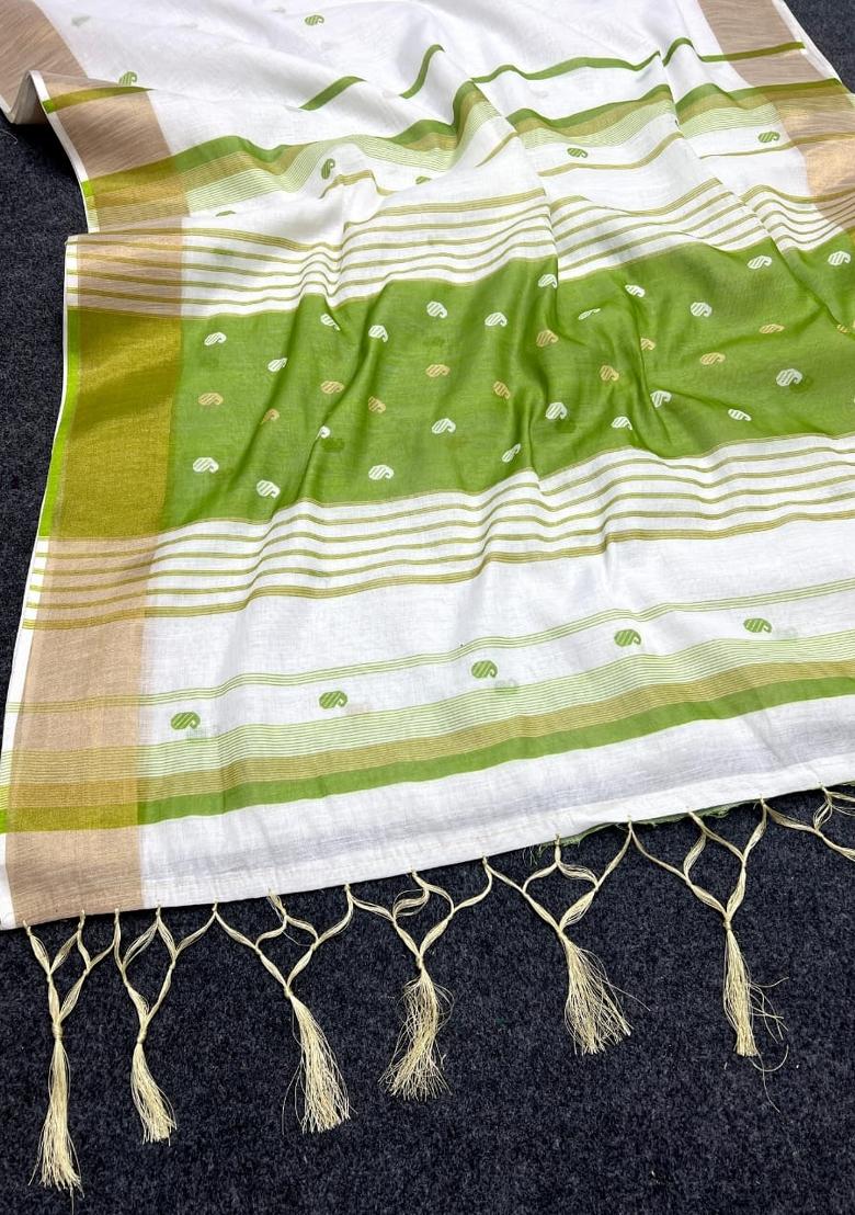 White Embroidered Linen Saree Set - Indya