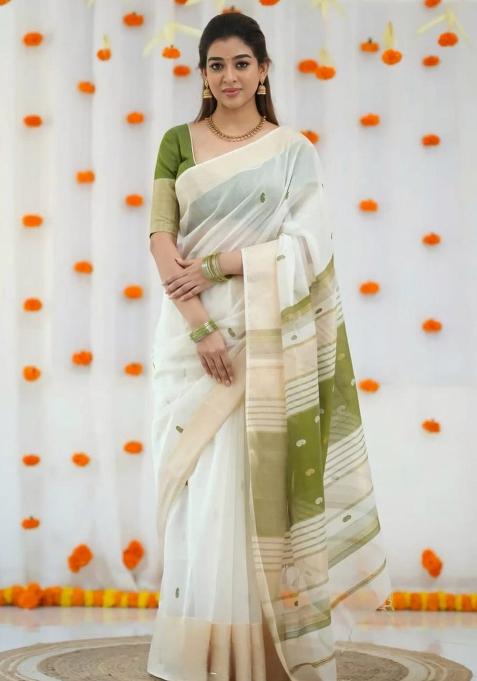 White Embroidered Linen Saree Set