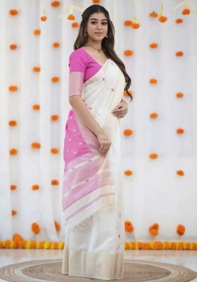 White Embroidered Linen Saree Set