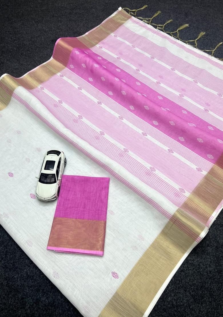 White Embroidered Linen Saree Set - Indya