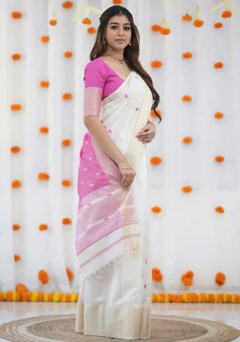 White Embroidered Linen Saree Set