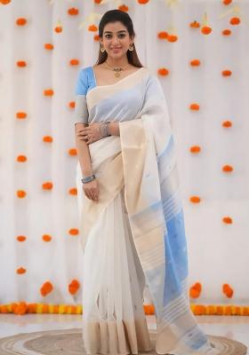 White Embroidered Linen Saree Set