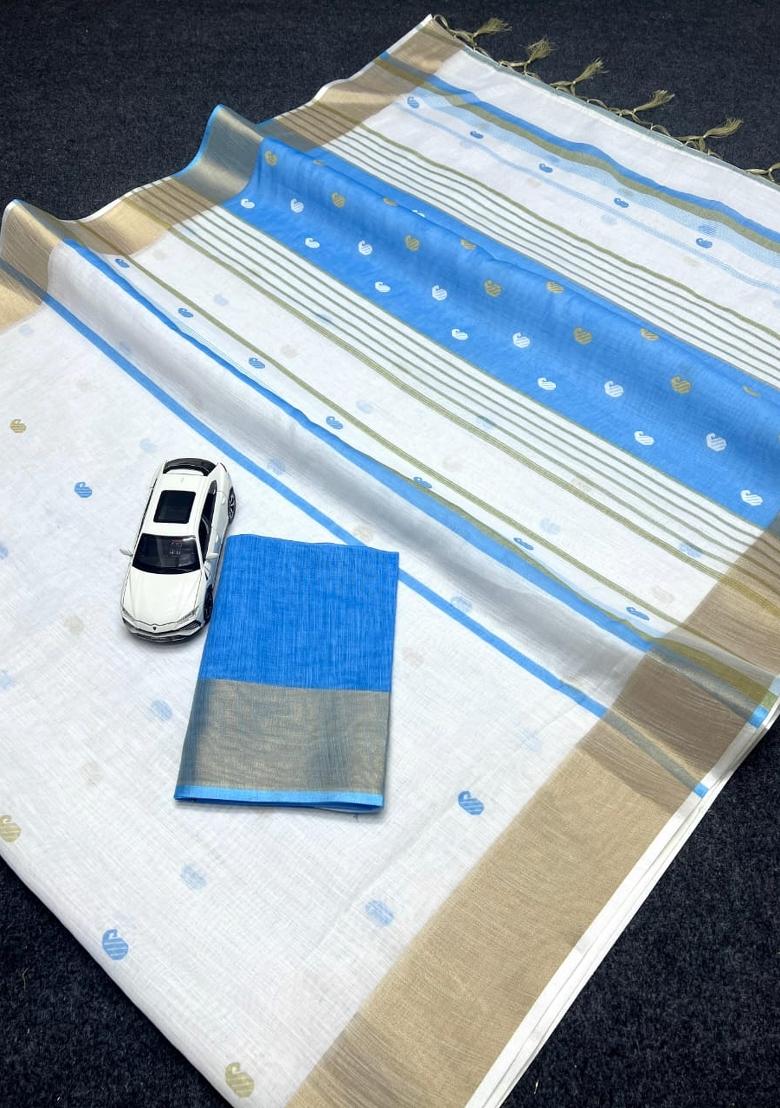 White Embroidered Linen Saree Set - Indya