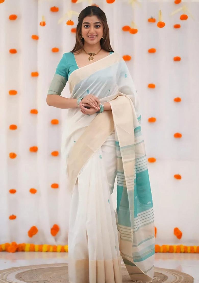 White Embroidered Linen Saree Set