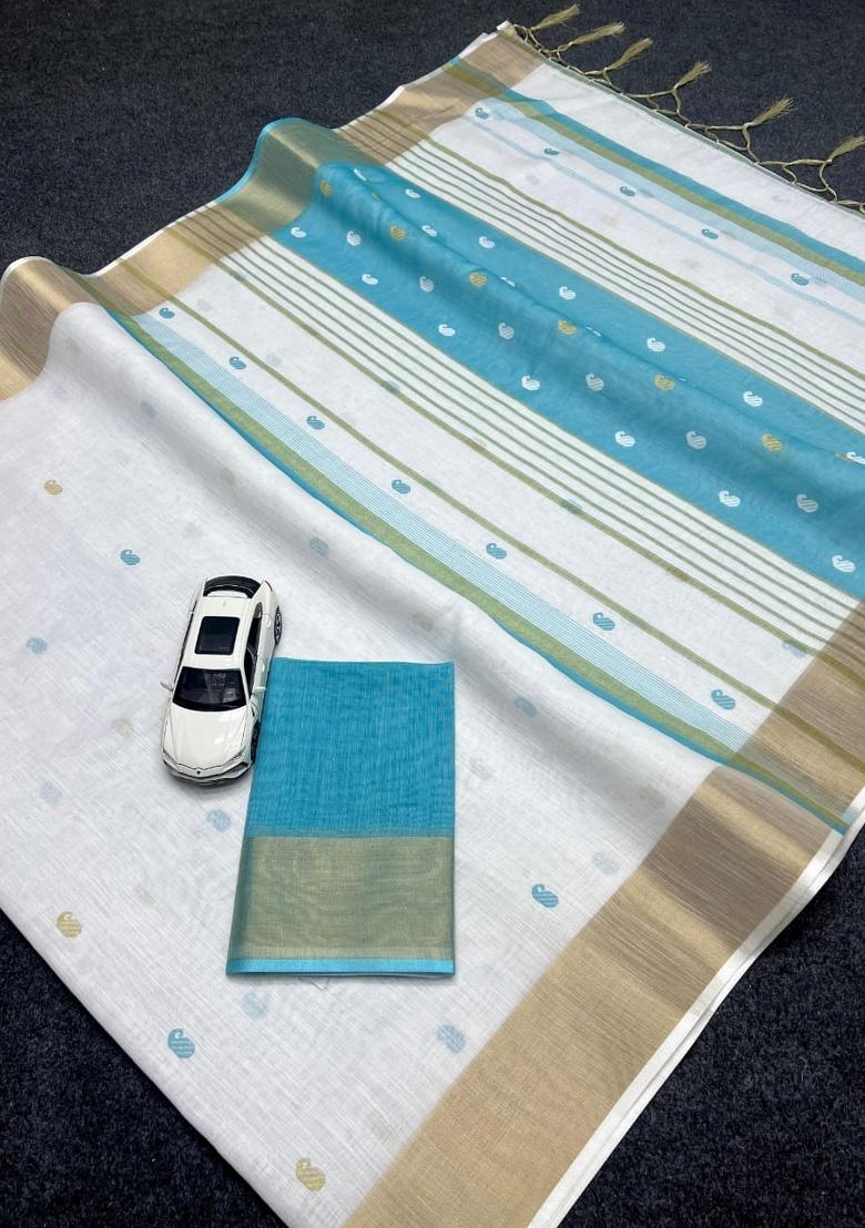 White Embroidered Linen Saree Set - Indya