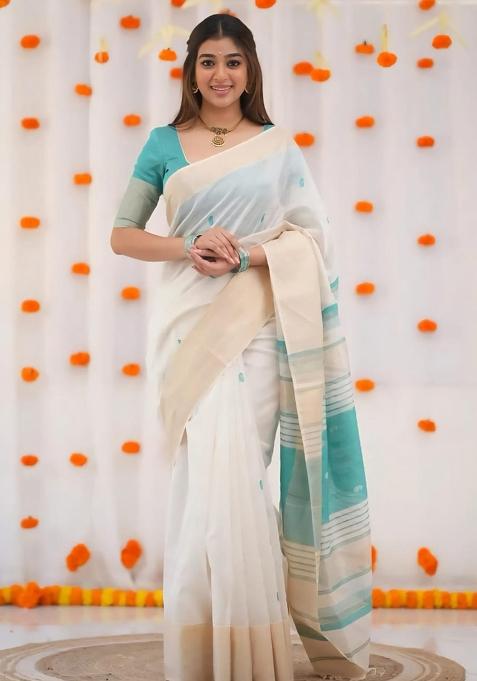 White Embroidered Linen Saree Set
