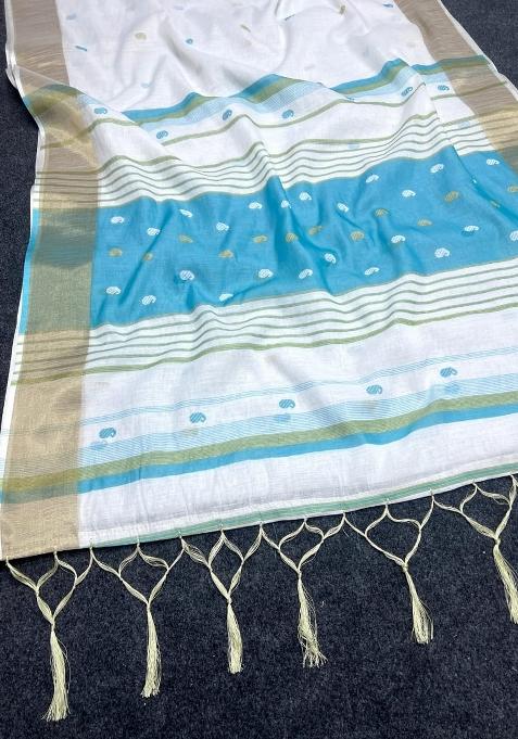 White Embroidered Linen Saree Set