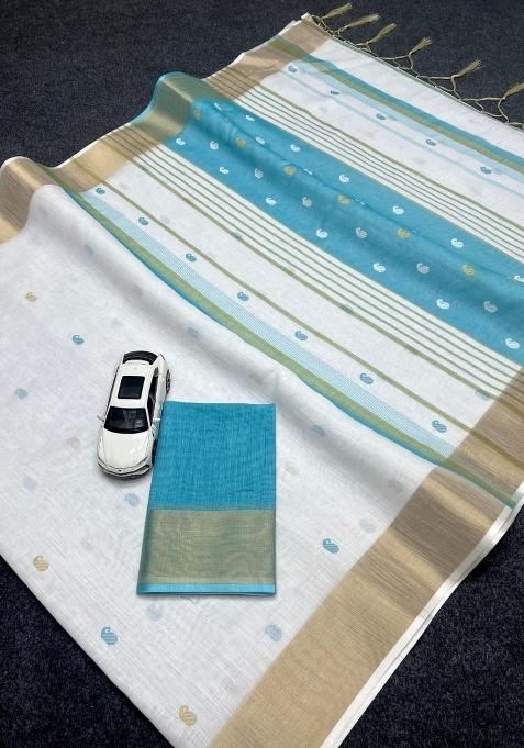 White Embroidered Linen Saree Set