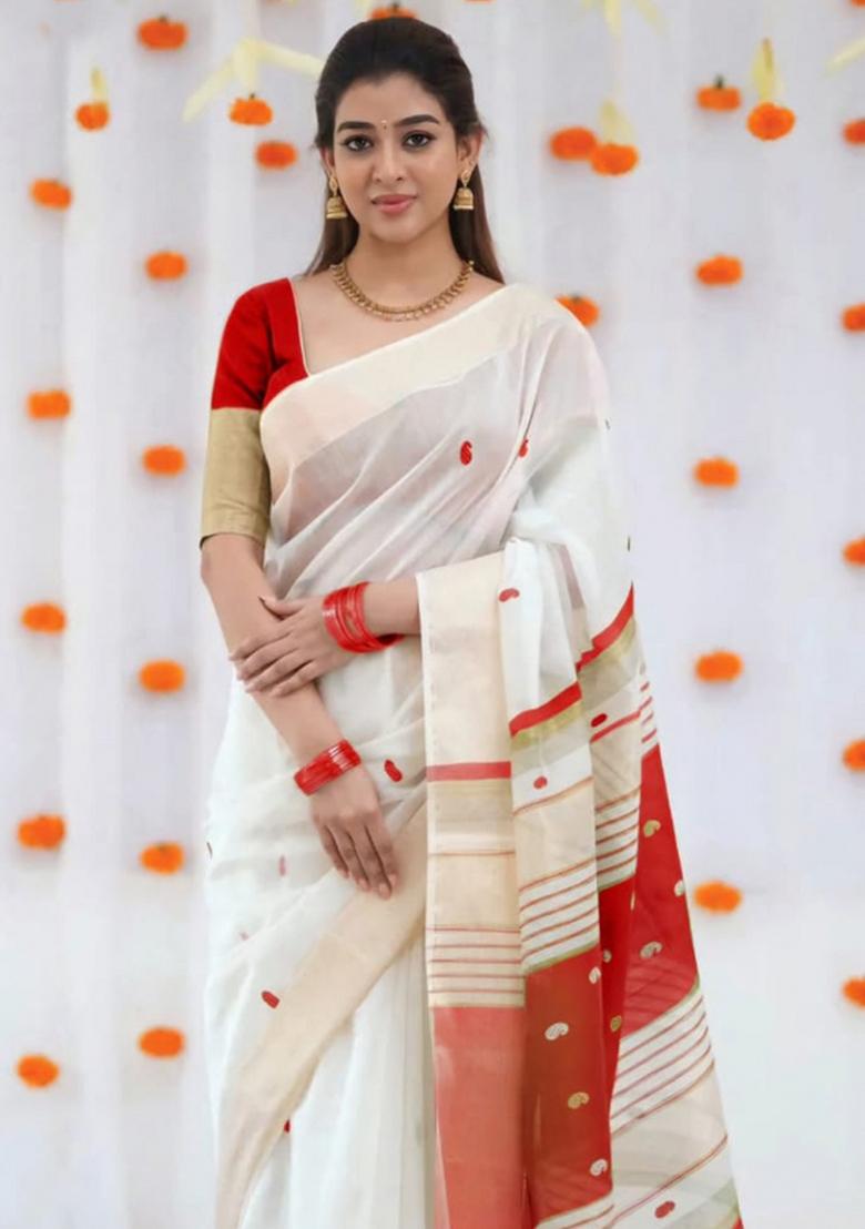White Embroidered Linen Saree Set - Indya