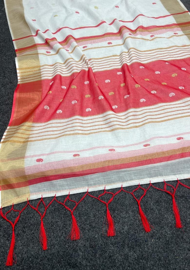 White Embroidered Linen Saree Set - Indya