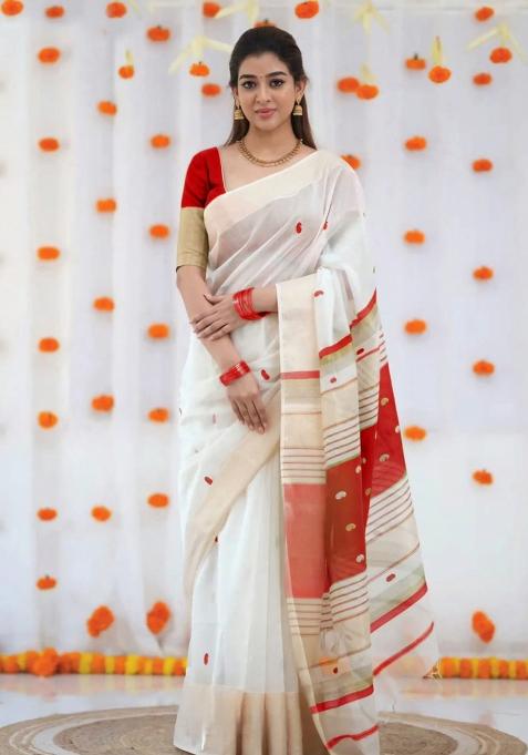 White Embroidered Linen Saree Set