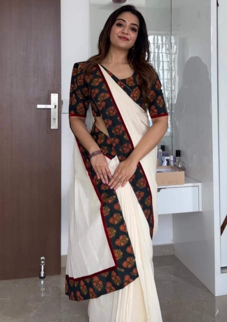 White Embroidered Linen Saree Set - Indya