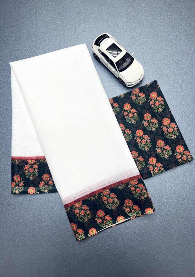 White Embroidered Linen Saree Set - Indya